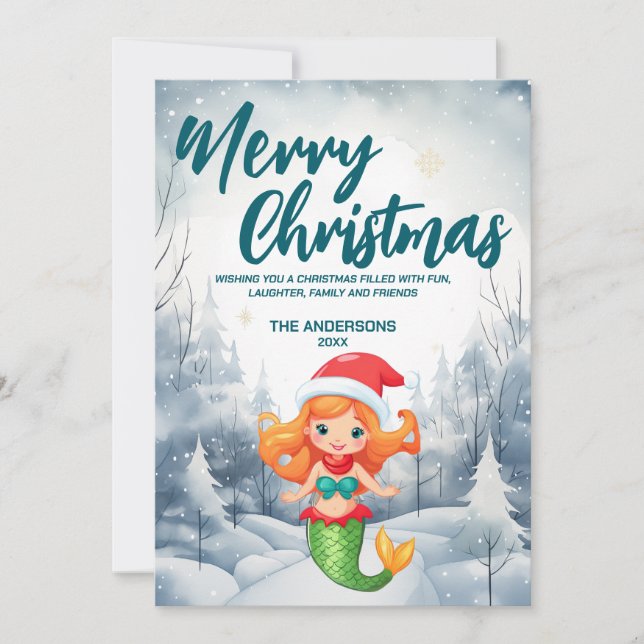 Tarjeta Festiva Divertida fiesta navideña en el árbol de nieve Mer (Anverso)