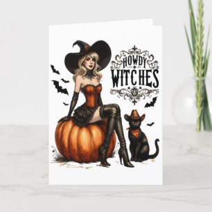 Tarjeta Festiva Divertidas Brujas Vintage Howdy Halloween