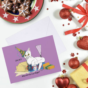 Tarjeta Festiva Divertidas consecuencias de Nochevieja Gato blanco