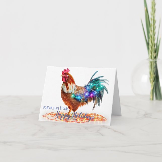 Tarjeta Festiva Divertidas luces de los Navidades de gallos en el  (Anverso)