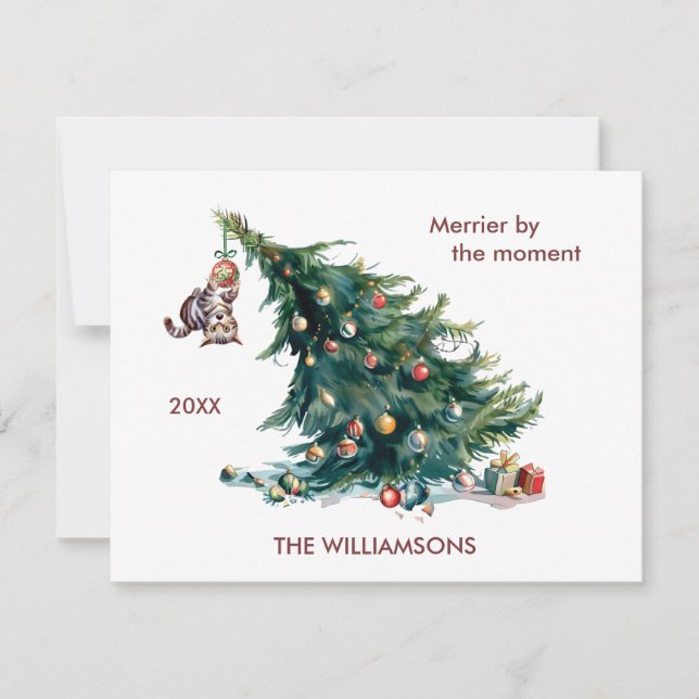Tarjeta Festiva Divertido árbol navideño que engaña gato personali (Anverso)