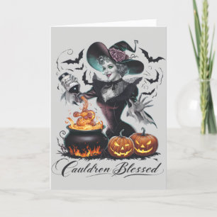 Tarjeta Festiva Divertido Caldero Antiguo Bruja Bendita Halloween