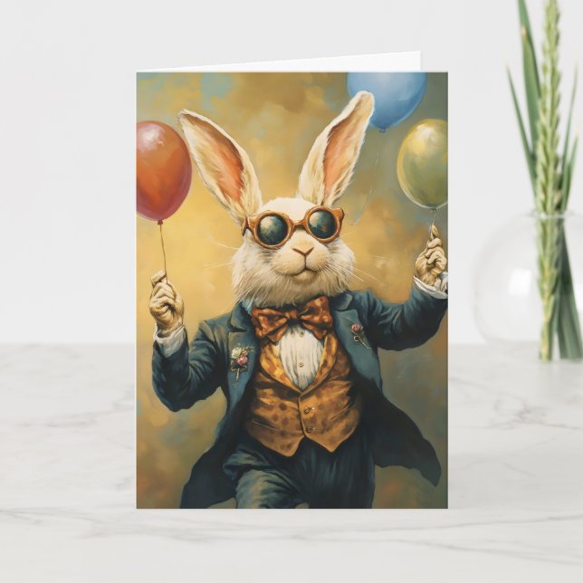 Tarjeta Festiva Divertido Conejo de Pascua y Globos (Anverso)
