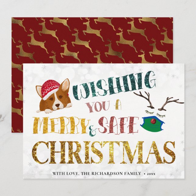 Tarjeta Festiva Divertido Corgi deseando dulces y Navidades seguro (Anverso / Reverso)