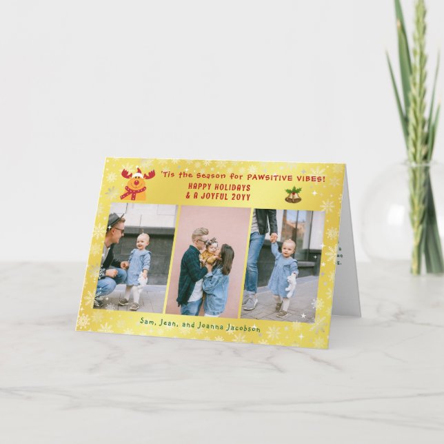 Tarjeta Festiva Divertido Cute Pawsitive Rudolph 3 Fotos Minimalis (Anverso)