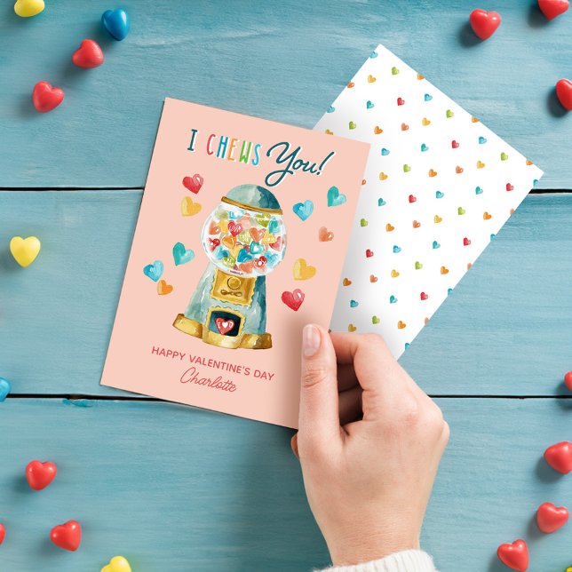 Tarjeta Festiva Divertido de que te presento la máquina de bolas d (Fun I Chews You Heart Gum Ball Machine Valentine's Holiday Card)