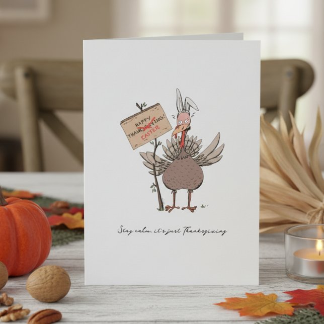 Tarjeta Festiva Divertido Día de Acción de Gracias Turquía (Funny Turkey Disguised as an Easter Bunny Hand Drawn Illustration. Humorous Thanksgiving Turkey Card)