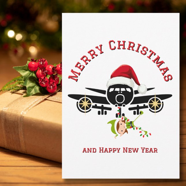 Tarjeta Festiva Divertido elfo lindo saltando en avión, Navidades  (Subido por el creador)