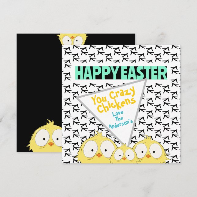 Tarjeta Festiva Divertido "Feliz Pascua Chickens" | (Anverso / Reverso)