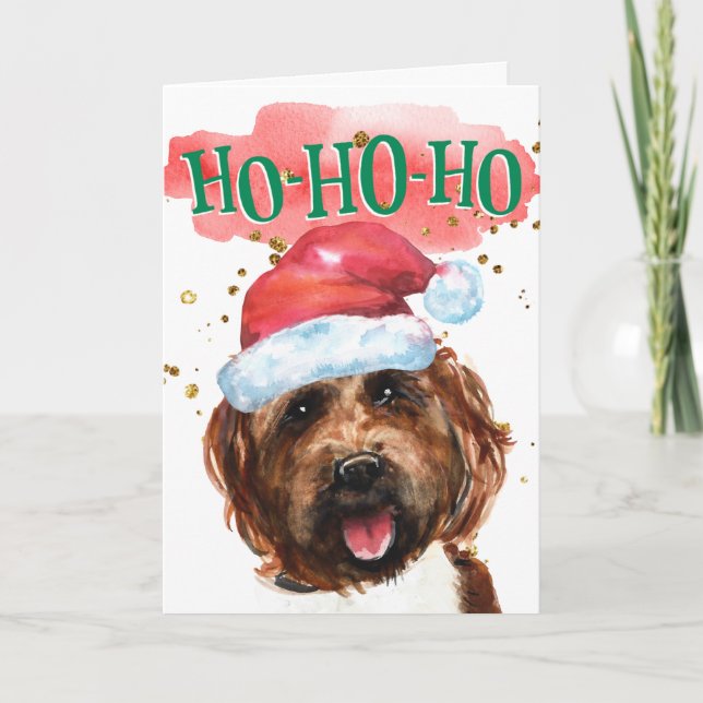 Tarjeta Festiva Divertido labradoodle Santa hat jowlidays (Anverso)