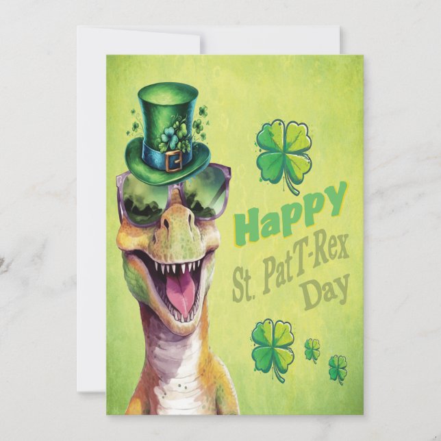 Tarjeta Festiva Divertido leprechaun de dinosaurio irlandés Día de (Anverso)