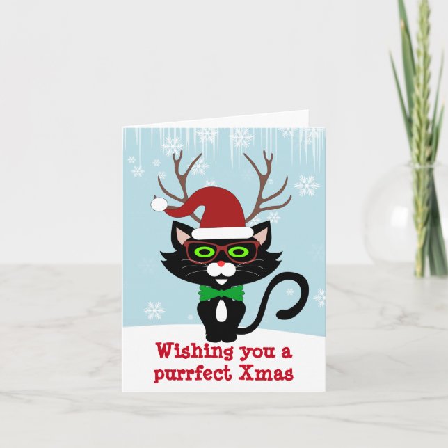 Tarjeta Festiva Divertido Navidades de Hipster gatito con cánticos (Anverso)