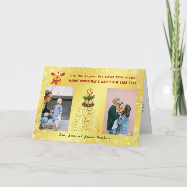 Tarjeta Festiva Divertido Pawsitive Rudolph 2 Fotos Letra Golden (Anverso)