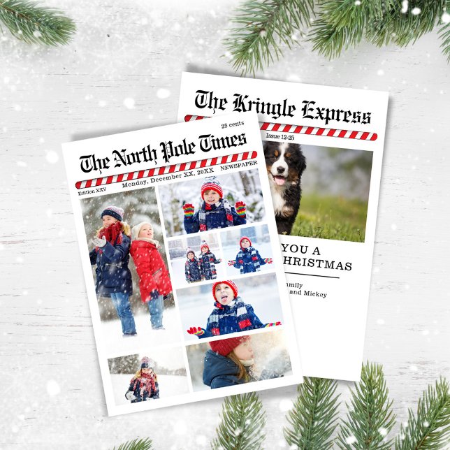 Tarjeta Festiva Divertido periódico navideño de Collage de fotos n (With a candy cane-striped headlines. )