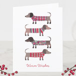 Tarjeta Festiva Divertido perro de Dachshund<br><div class="desc">Pequeños perros Dachshund,  vieneses o salchichas en un acogedor calzado de invierno. Cambie el saludo por delante y por dentro y también los nombres que desee personalizar. Arte original de Nic Squirrell.</div>