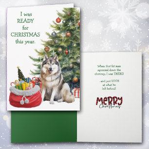 Tarjeta Festiva Divertido perro malamute listo para Navidades