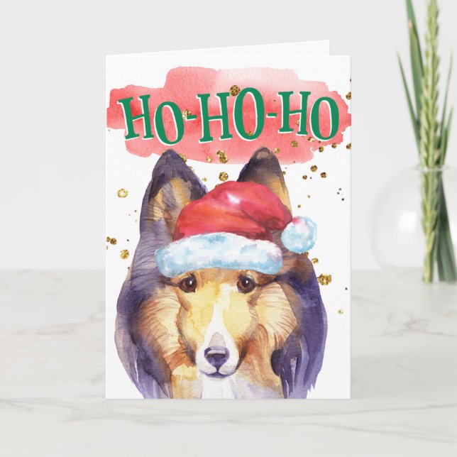 Tarjeta Festiva Divertido perro Sheltie Santa hat yappy días de ga (Anverso)