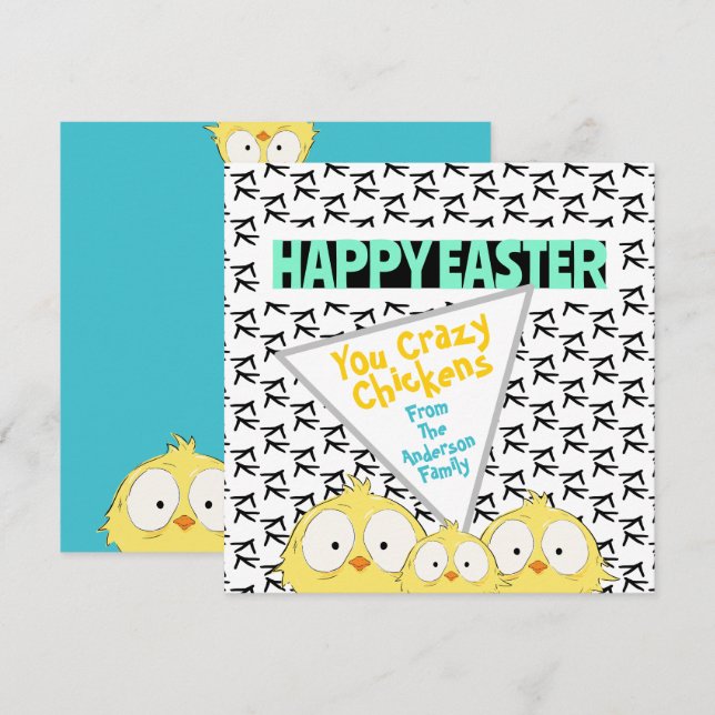 Tarjeta Festiva Divertido Quirky "Feliz Pascua Chickens locos" (Anverso / Reverso)