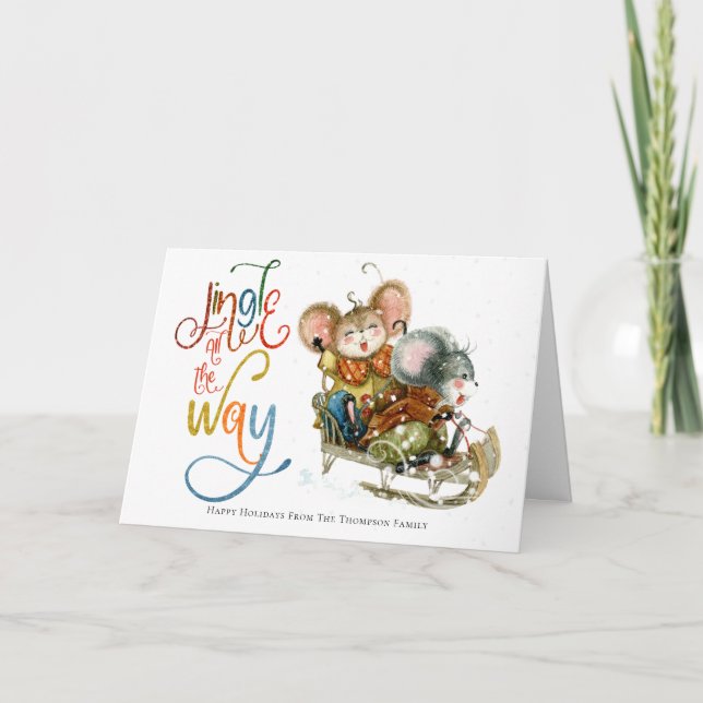 Tarjeta Festiva Divertido ratón lindo sleigh Jingle todo el camino (Anverso)
