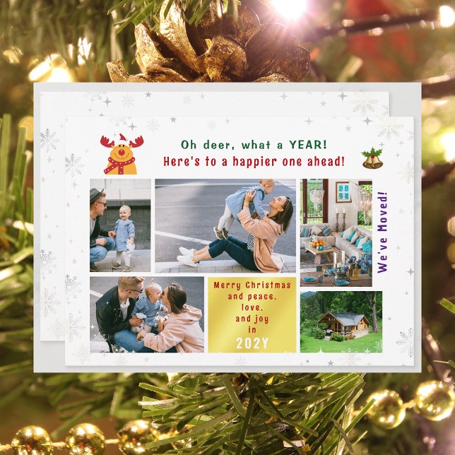 Tarjeta Festiva Divertido Rudolph Oh Deer Hemos mudado 5 fotos mod (Funny Cute We've Moved Christmas Card with Rudolph. Oh deer, what a year. 5 Photos. Peace Love Joy)