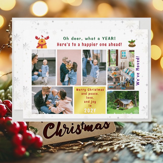 Tarjeta Festiva Divertido Rudolph Oh Deer Hemos mudado 6 fotos mod (Funny Cute We've Moved Christmas Card with Rudolph. Oh deer, what a year. 6 Photos. Peace Love Joy)