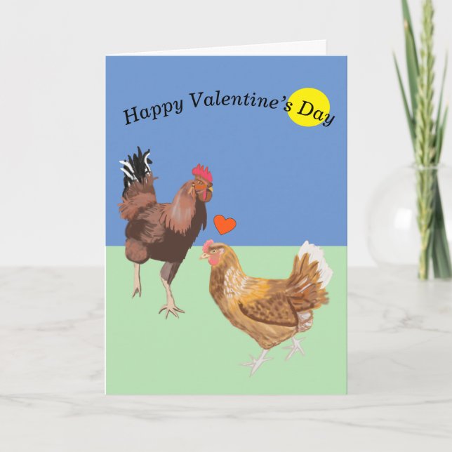 Tarjeta Festiva Divertido San Valentín de Cockerel y pollo (Anverso)