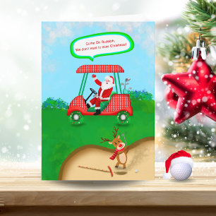 Tarjeta Festiva Divertido Santa Con Rudolph Jugando A Golf Xmas Bu