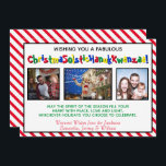 Tarjeta Festiva Divertido y extravagante Inclusivo tres fotos capr<br><div class="desc">Esta divertida y extravagante tarjeta de vacaciones presenta tres fotos y una divertida leyenda políticamente correcta que dice "¡Deseándote un Fabuloso ChristmaSolsticHanukKwanzaa!" - fusionando las palabras Navidad, Solsticio, Janucá y Kwanzaa en una larga y divertida palabra. El fondo es de rayas rojas y blancas como caramelos y hay un mensaje...</div>
