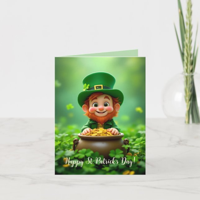 Tarjeta Festiva Divertido y lindo leprechaun, monedas de oro, sham (Anverso)