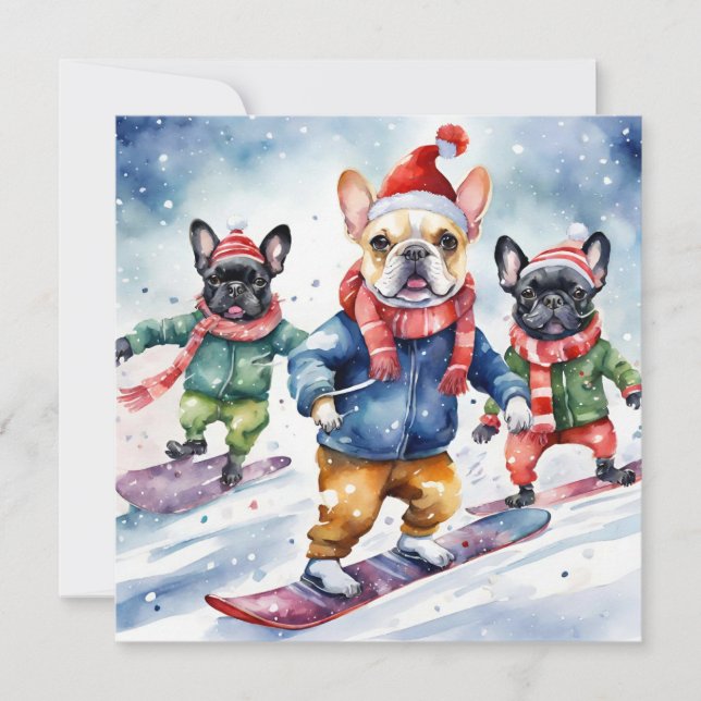 Tarjeta Festiva Divertidos Bulldoges franceses Navidades de perros (Anverso)