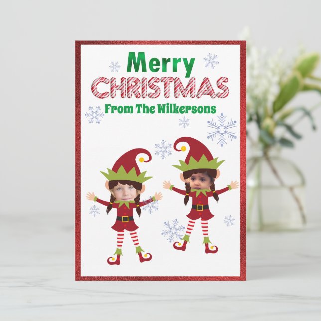 Tarjeta Festiva Divertidos Chicas Elves Personalizados Niños Fotos (Anverso de pie)