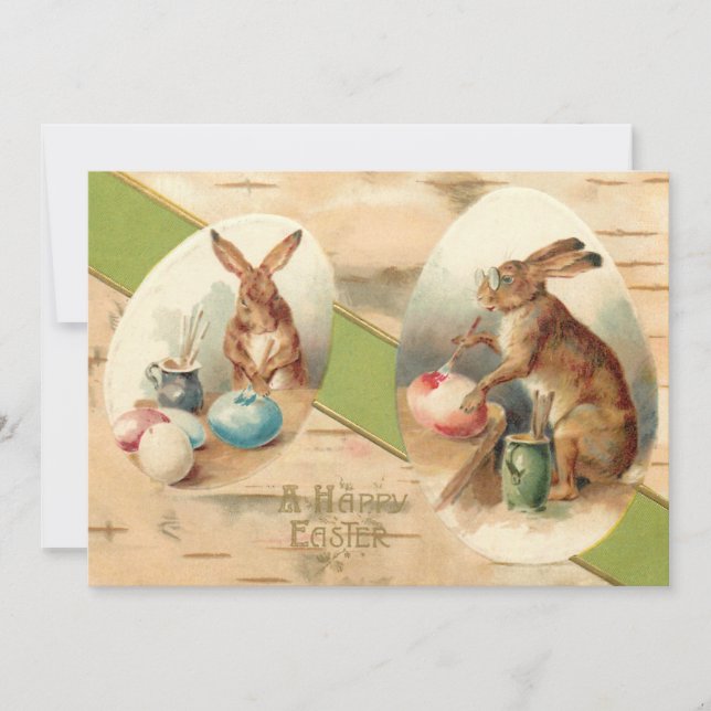 Tarjeta Festiva Divertidos conejitos pintando huevos de Pascua (Anverso)