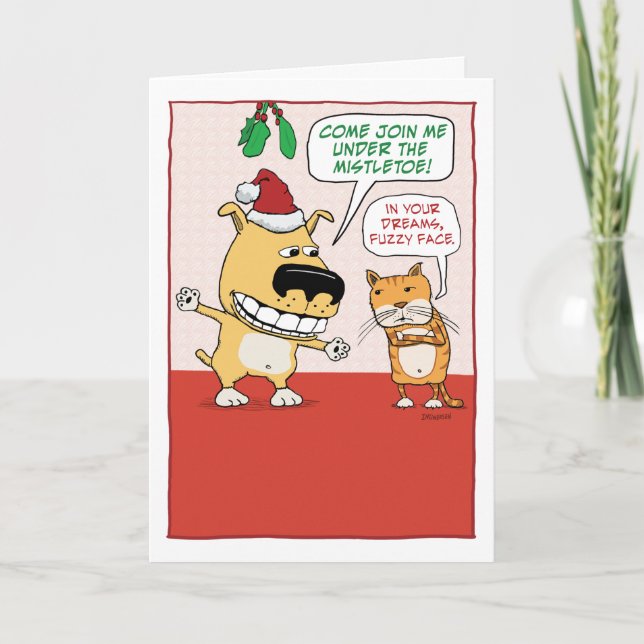 Tarjeta Festiva Divertidos Navidades de Perro y Gato Mistletoe (Anverso)