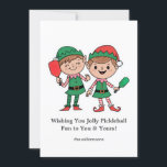 Tarjeta Festiva Divertidos Navidades Elves, Personalizado Textos<br><div class="desc">¡Sirva algo de espíritu vacacional con esta encantadora tarjeta de Navidades de pickleball! Con unos elfos lindos jugando a pickleball y espacio para tu texto personalizado, esta tarjeta es la manera perfecta de conectar con compañeros jugadores, clubes y entrenadores. También es genial para difundir la alegría del pickleball a tus...</div>