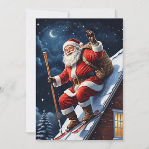Tarjeta Festiva Divertidos Navidades rojos esquiando Santa Claus