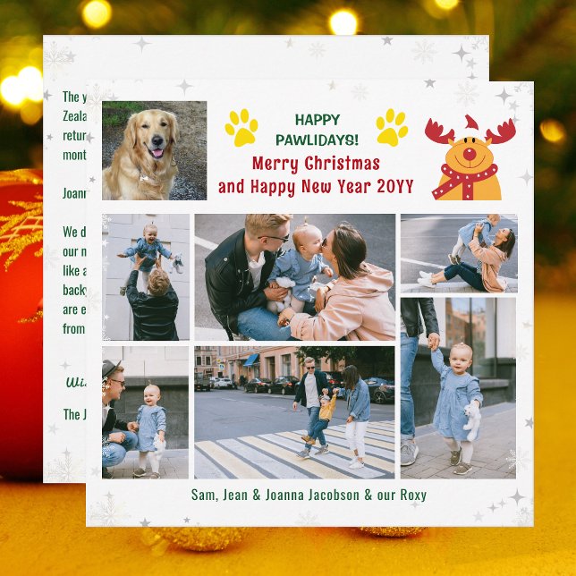 Tarjeta Festiva Divertidos perros Rudolph Felices Pawlidays Fotos  (Funny Happy Pawlidays Christmas Card. Dog Photo + Rudolph the Reindeer + 6 Family Photos. Snowflakes)