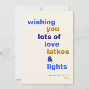 Tarjeta Festiva Diviertete con Amor Latkes y Luces de Hanukkah Per