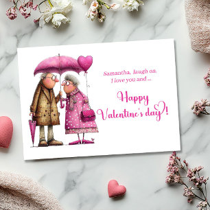 Tarjeta Festiva Diviertida Caprichosa San Valentín Rosa Fuerte Par