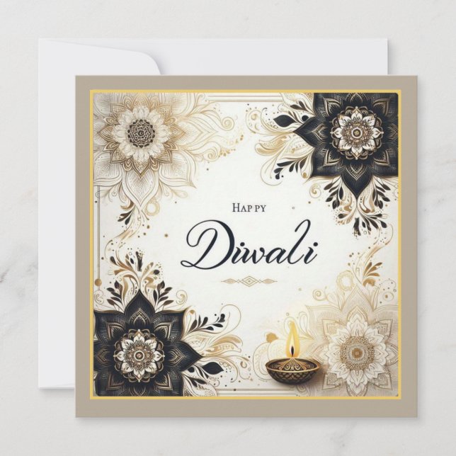 Tarjeta Festiva Diwali con flores elegantes y diya (Anverso)