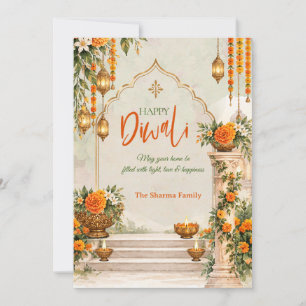 Tarjeta Festiva Diwali Feliz Personalizado Diya de Marigold Acuare