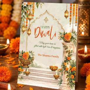 Tarjeta Festiva Diwali Feliz Personalizado Diya de Marigold Acuare