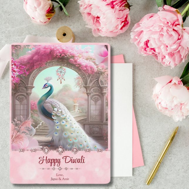 Tarjeta Festiva Diwali White Peacock saludo floral rosado (Subido por el creador)