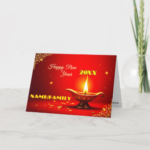 Tarjeta Festiva Diya Ornata – Año Nuevo Dorado Cálido
