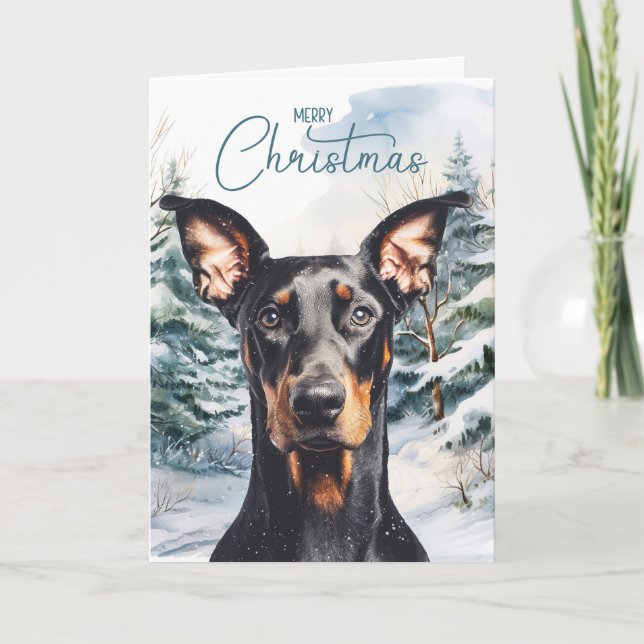 Tarjeta Festiva Doberman Dog Snowy Winter Pines Christmas (Anverso)
