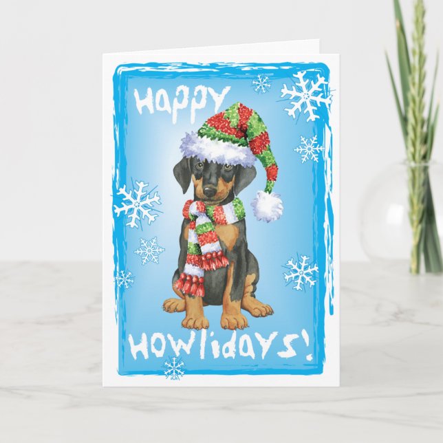 Tarjeta Festiva Doberman feliz de Howliday (Anverso)