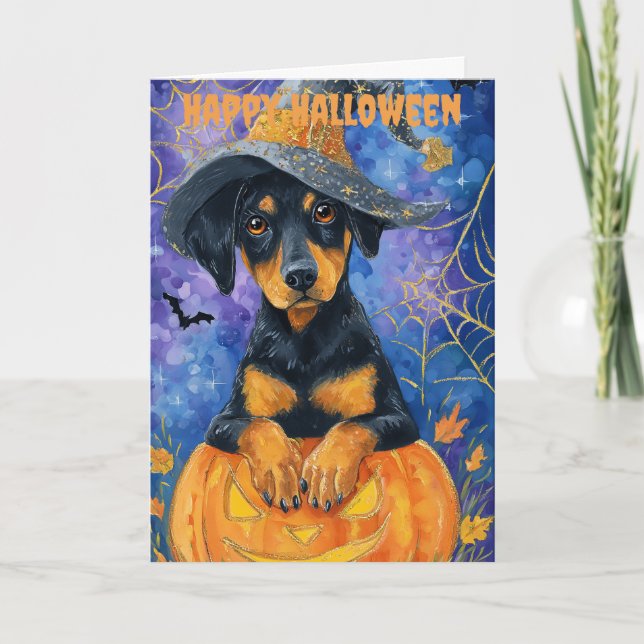 Tarjeta Festiva Doberman perro de Halloween (Anverso)