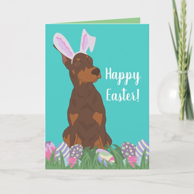 Tarjeta Festiva Doberman Pinscher Easter Bunny (Anverso)