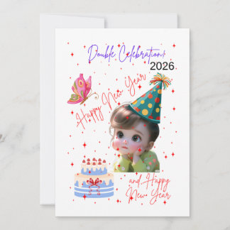 Tarjeta Festiva Doble Celebración de Año Nuevo y Cumpleaños Feliz