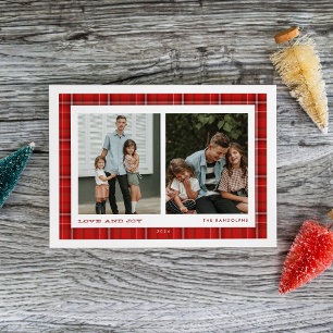 Tarjeta Festiva Doble Foto de Amor y Alegría en Cuadros Rojos