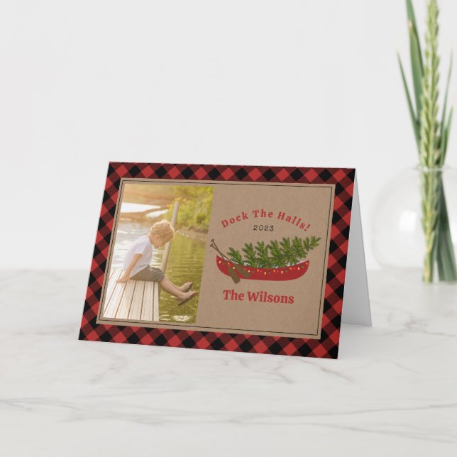 Tarjeta Festiva Dock The Halls Christmas Canoe Cuadro de Plaid (Anverso)